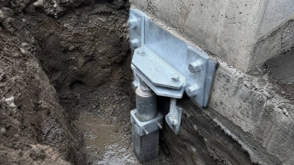 A galvanised steel push pier bolted to a concrete footing in an open excavation beside a house.
