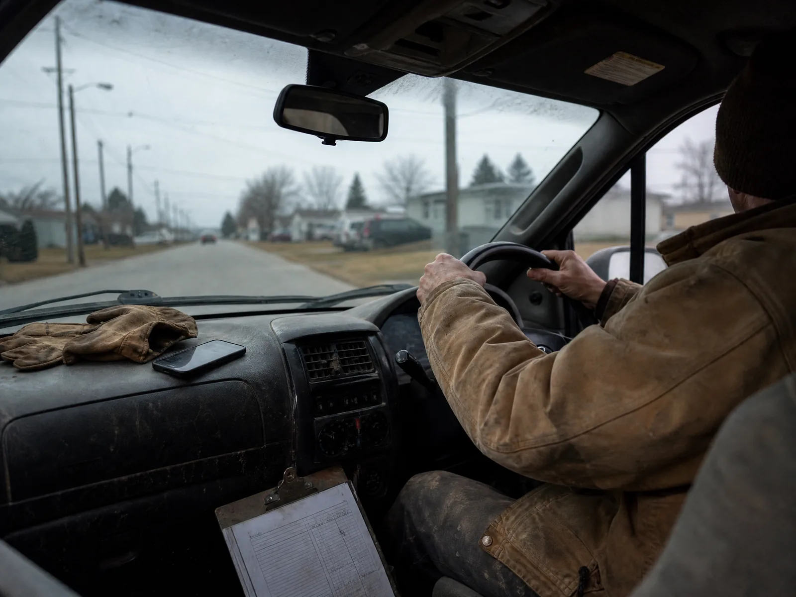 A contractor driving a work pickup down a residential street with both hands on the wheel, his phone lying face down and untouched on the dashboard.