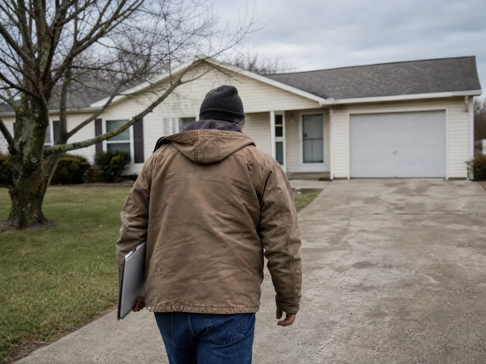 A contractor walking up the concrete driveway of a single-story house with a clipboard under his arm.