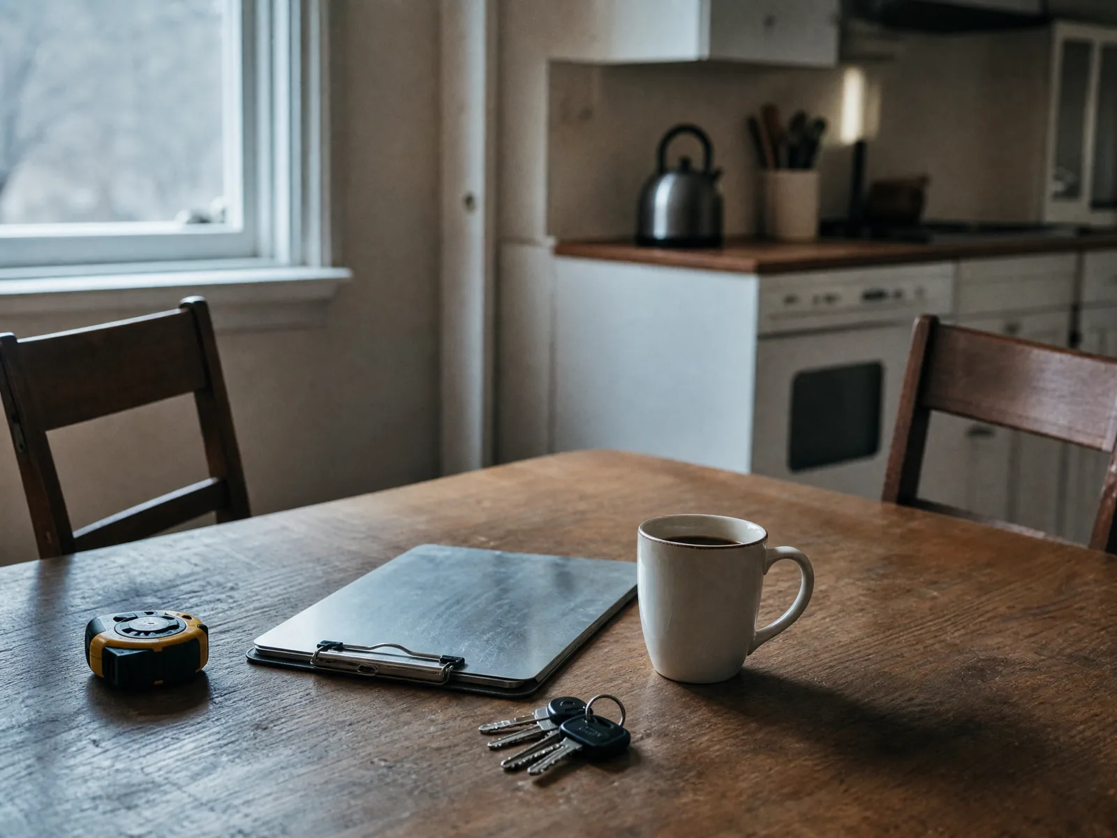 A kitchen table with two chairs pulled out, a contractor's clipboard, keys and a mug.