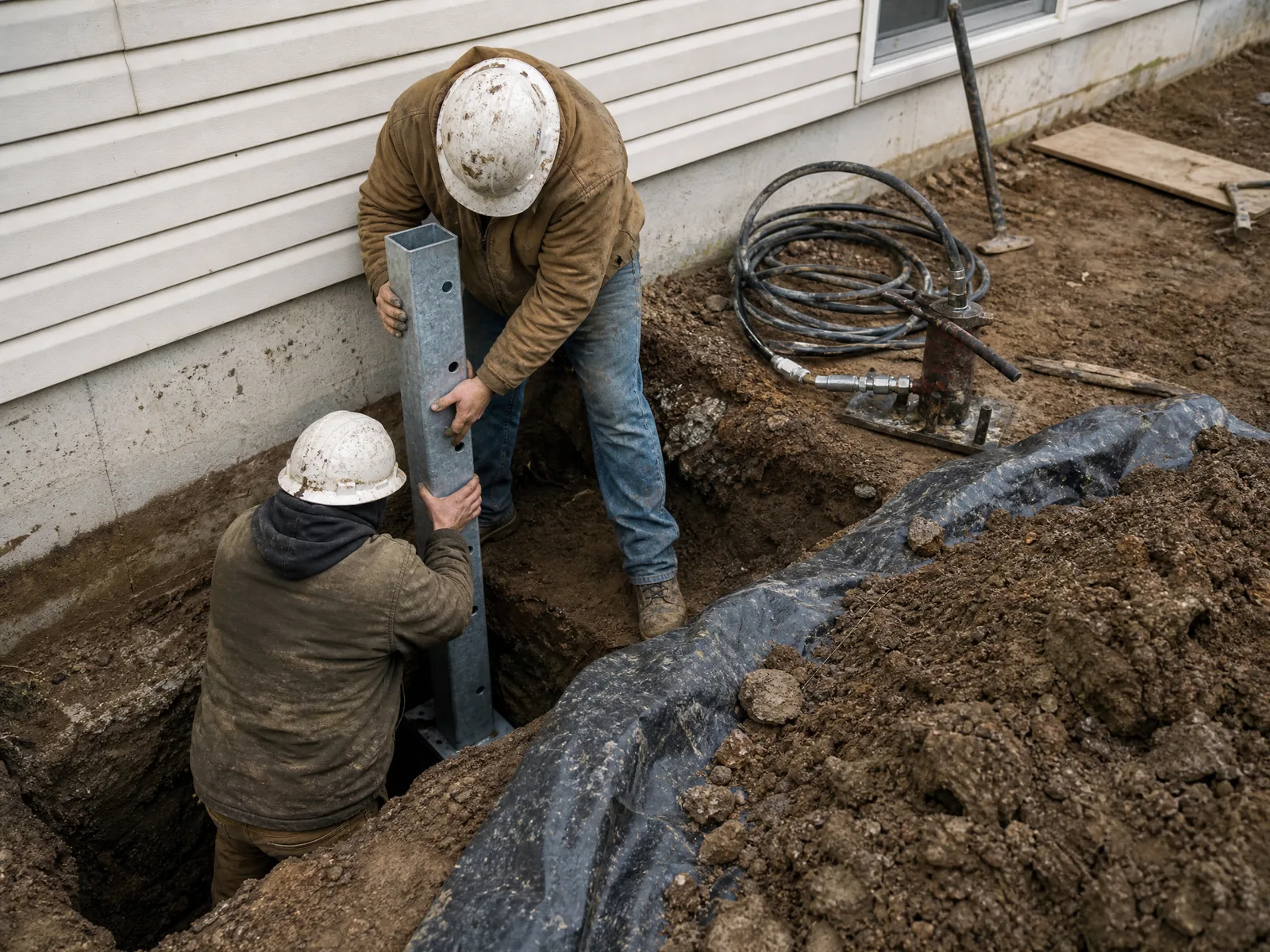 Two workers lowering a steel pier section into an excavation against a house footing.